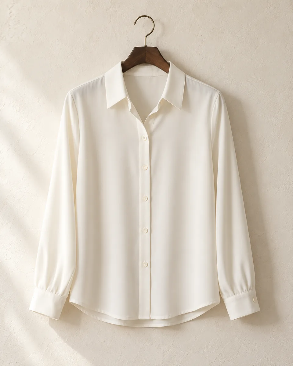 Ivory long-sleeve blouse on a wooden hanger, illustrative style reference